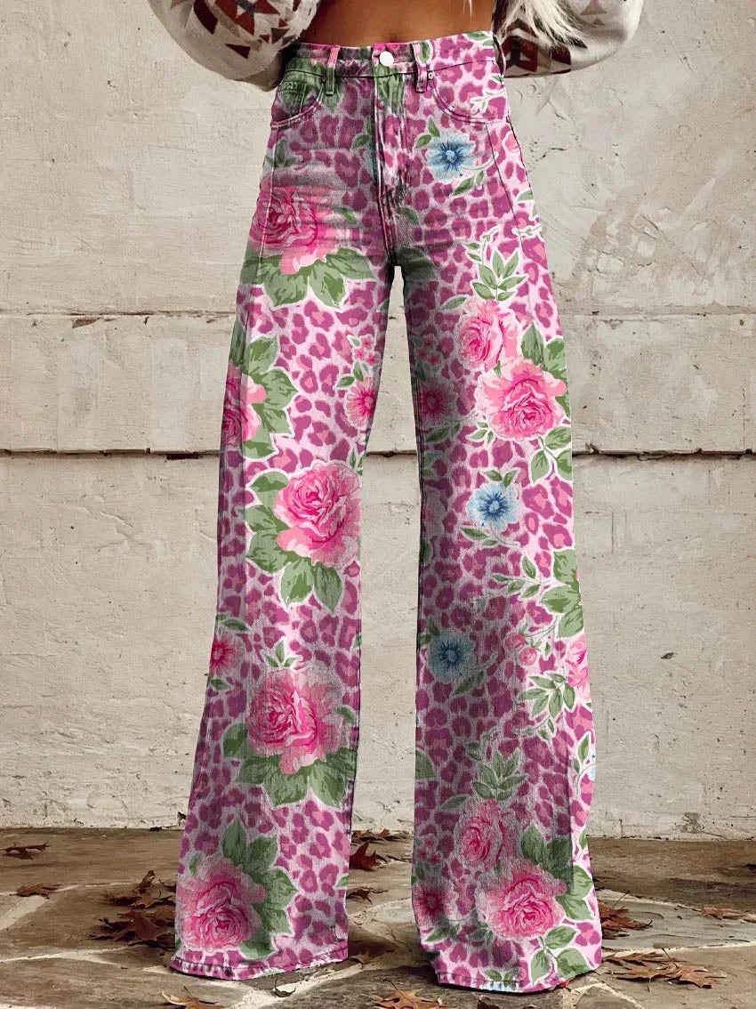 Damen Weite Passform Hose mit Knopfverschluss | Gemustertes Ausgestelltes Bein