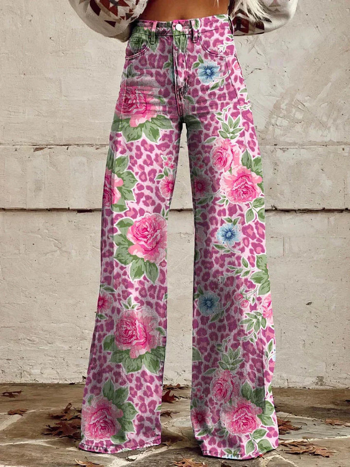 Damen Weite Passform Hose mit Knopfverschluss | Gemustertes Ausgestelltes Bein
