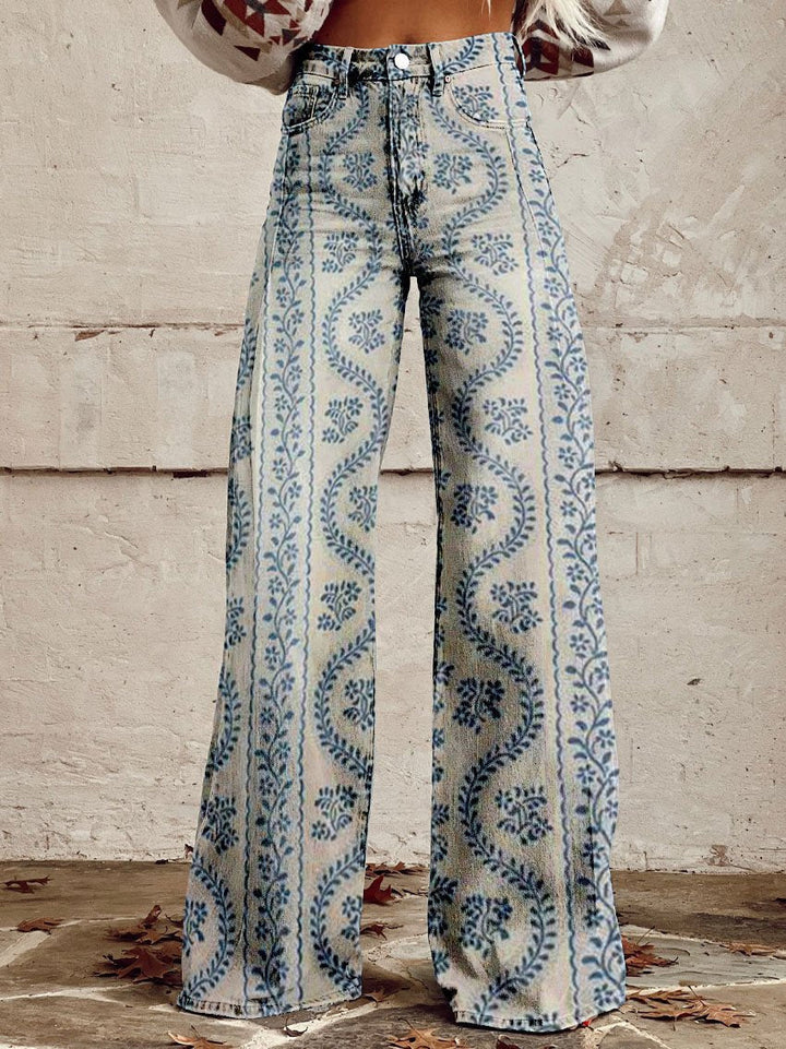 Damen Weite Passform Hose mit Knopfverschluss | Gemustertes Ausgestelltes Bein