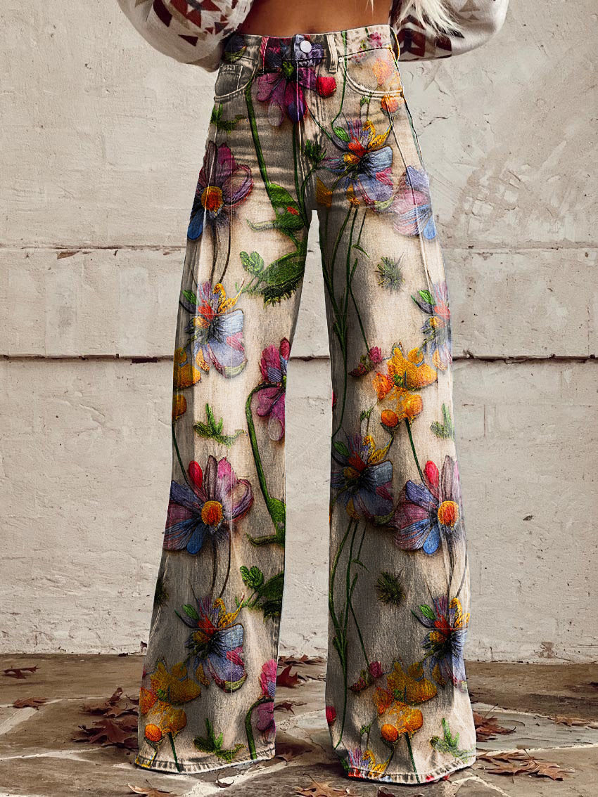 Damen Weite Passform Hose mit Knopfverschluss | Gemustertes Ausgestelltes Bein