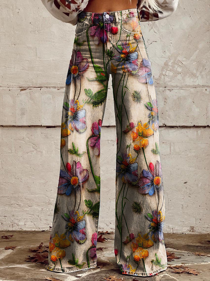 Damen Weite Passform Hose mit Knopfverschluss | Gemustertes Ausgestelltes Bein