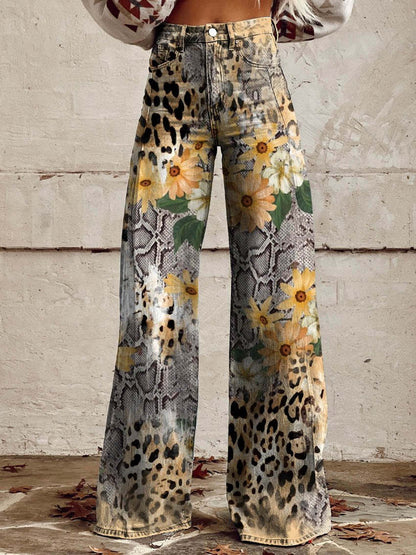 Pantaloni da donna a vestibilità ampia con chiusura a bottone | Gamba svasata con motivo