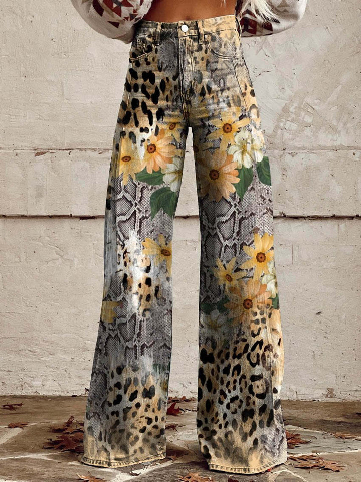 Damen Weite Passform Hose mit Knopfverschluss | Gemustertes Ausgestelltes Bein