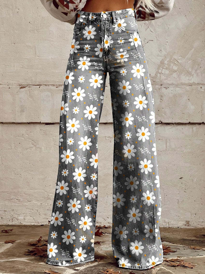 Pantaloni da donna a vestibilità ampia con chiusura a bottone | Gamba svasata con motivo