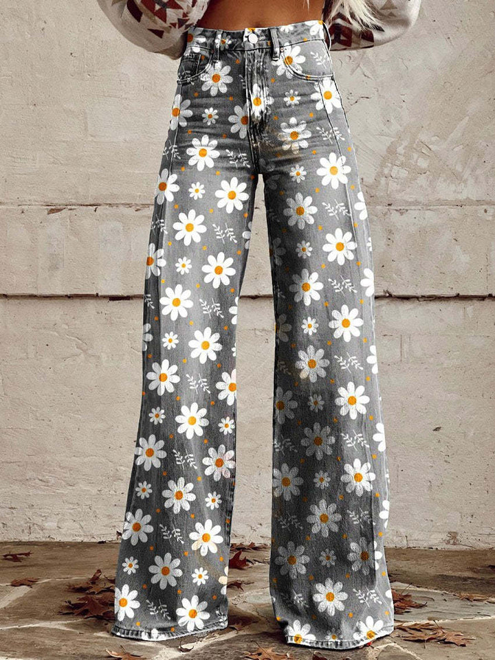 Damen Weite Passform Hose mit Knopfverschluss | Gemustertes Ausgestelltes Bein