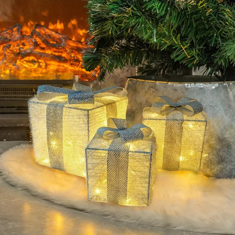 Beleuchtete Weihnachtsgeschenkboxen, 3er-Set – Warmweiße LED-Weihnachtsdekoration für den Innen- und Außenbereich