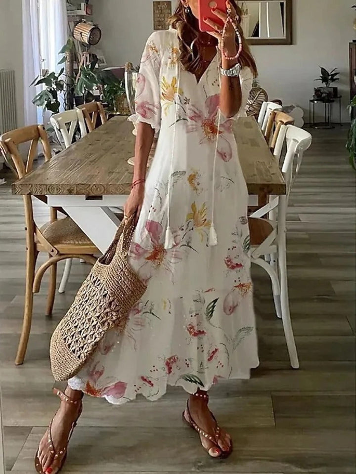 Bettina | Damen Kurzärmelig V-Ausschnitt Bohème Sommerkleid | Maxi 0