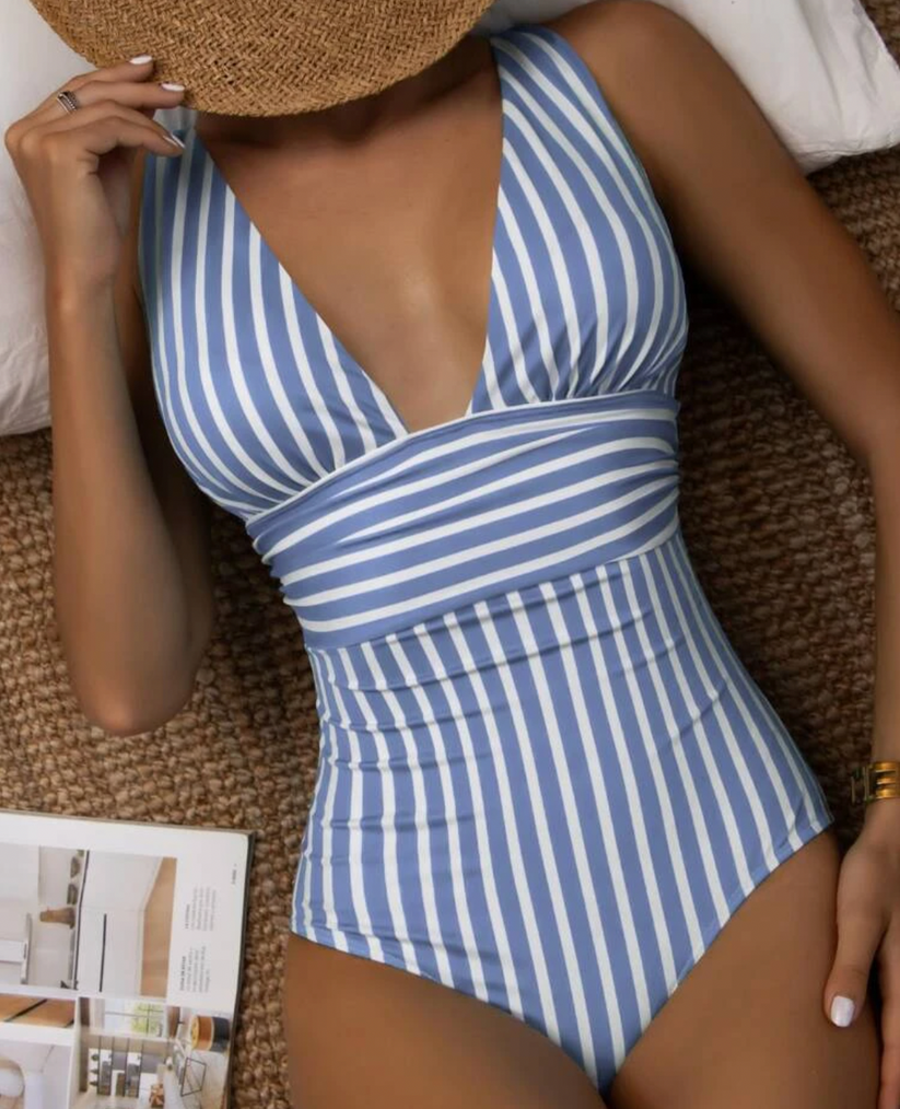 Costume da bagno donna intero con scollo a V, righe, vita alta | Righe