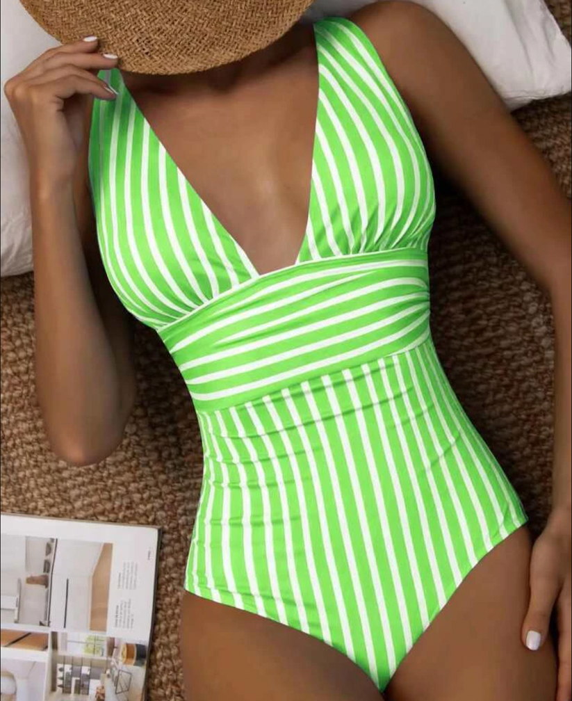 Costume da bagno donna intero con scollo a V, righe, vita alta | Righe