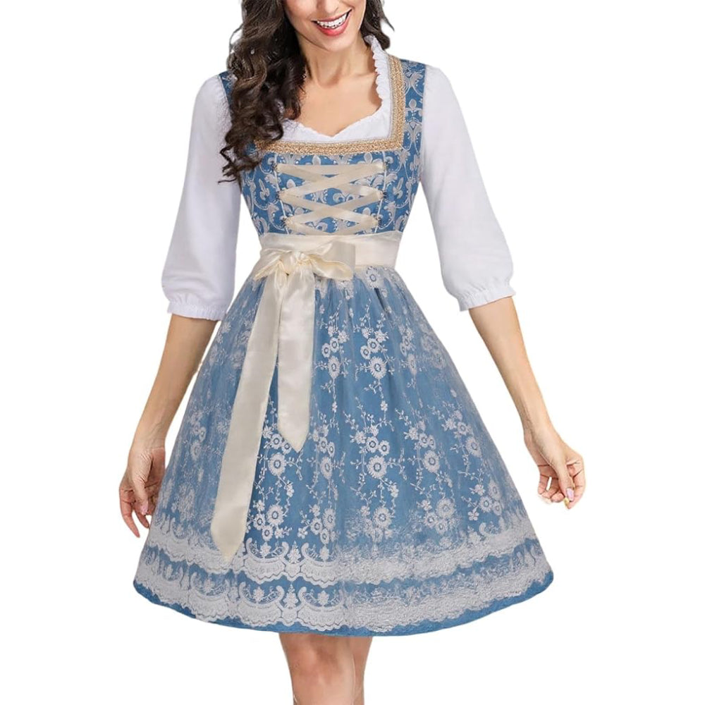 Blaues Dirndlkleid mit Bluse und Spitzenschürze – Oktoberfest | Festliche Tracht für Damen
