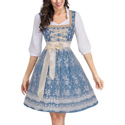 Blaues Dirndlkleid mit Bluse und Spitzenschürze – Oktoberfest | Festliche Tracht für Damen
