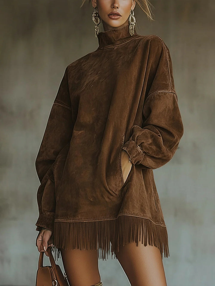 Gabriela | Women's Faux Suede High-Neck Fringe Dress