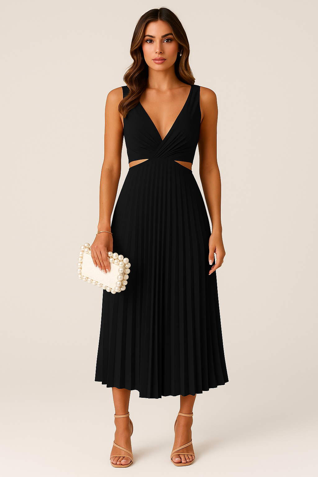 Robe midi sans manches pour femme avec décolleté en V | Jupe plissée