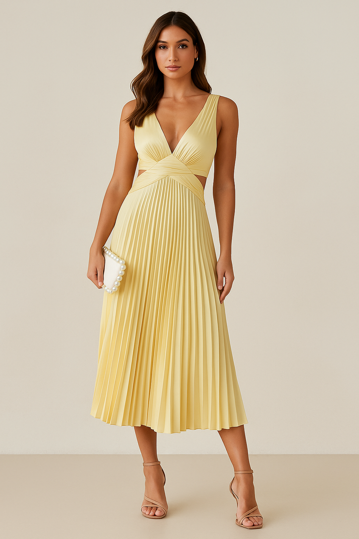 Robe midi sans manches pour femme avec décolleté en V | Jupe plissée