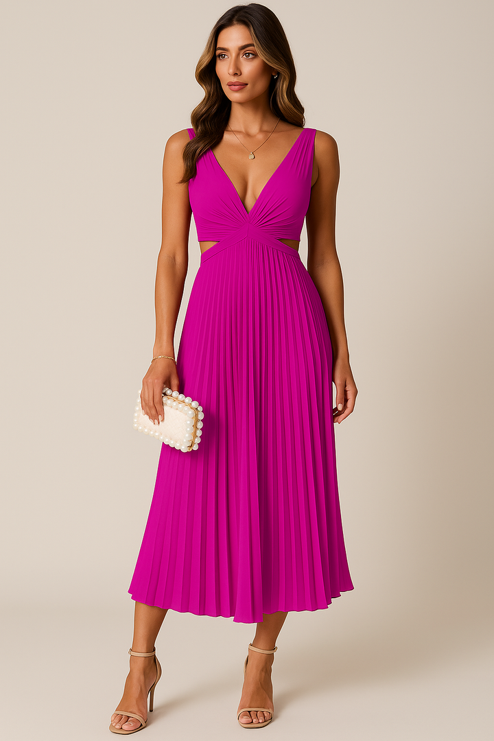 Robe midi sans manches pour femme avec décolleté en V | Jupe plissée