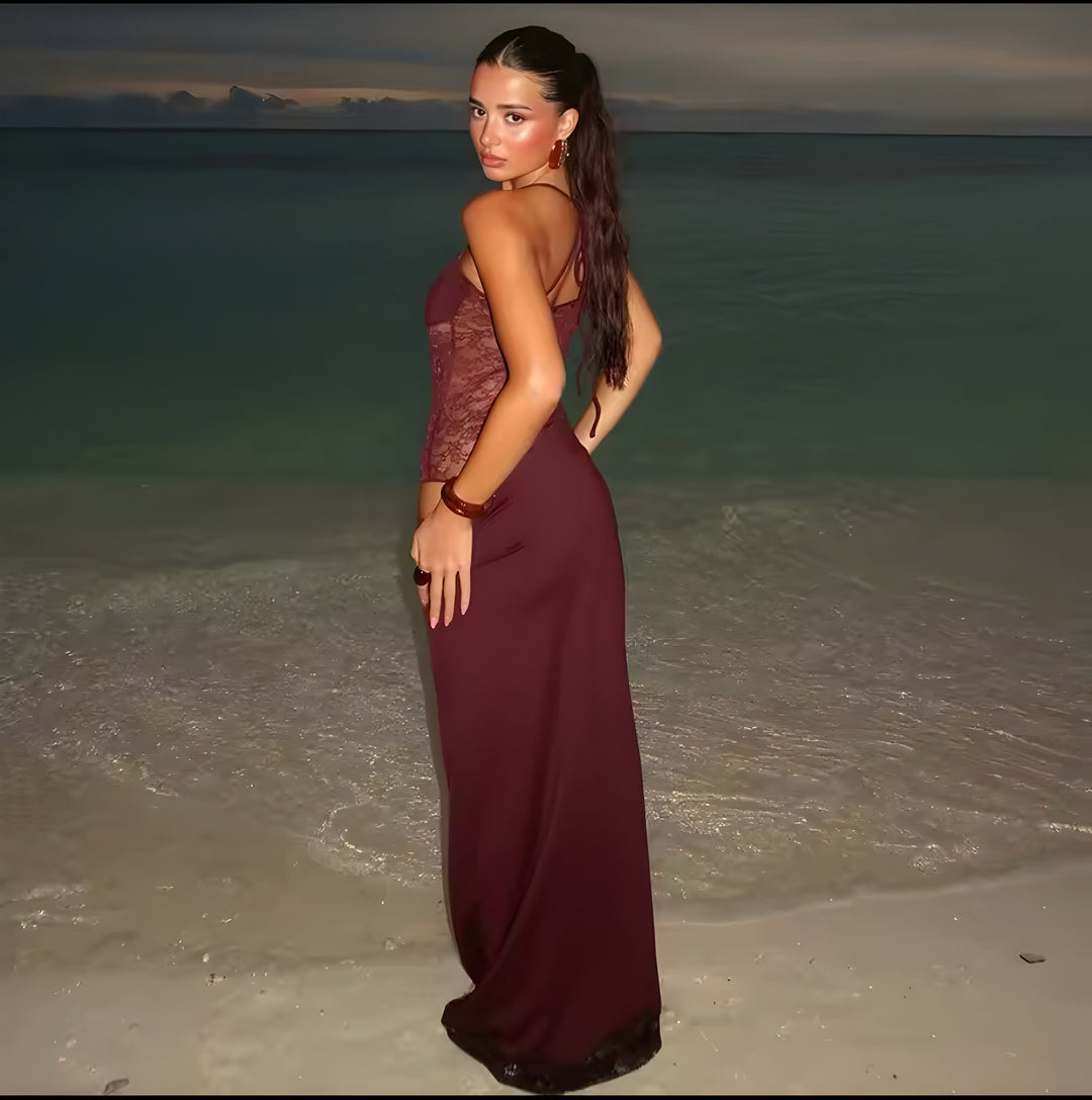 Damen Trägerloses Spitzen Einsatz Maxi Kleid | Figurbetontes Strand Abendkleid