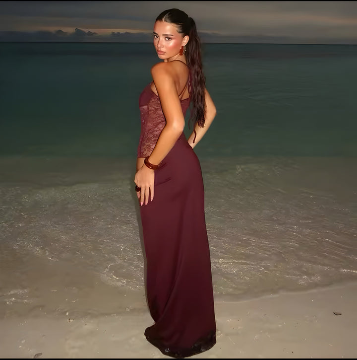 Damen Trägerloses Spitzen Einsatz Maxi Kleid | Figurbetontes Strand Abendkleid