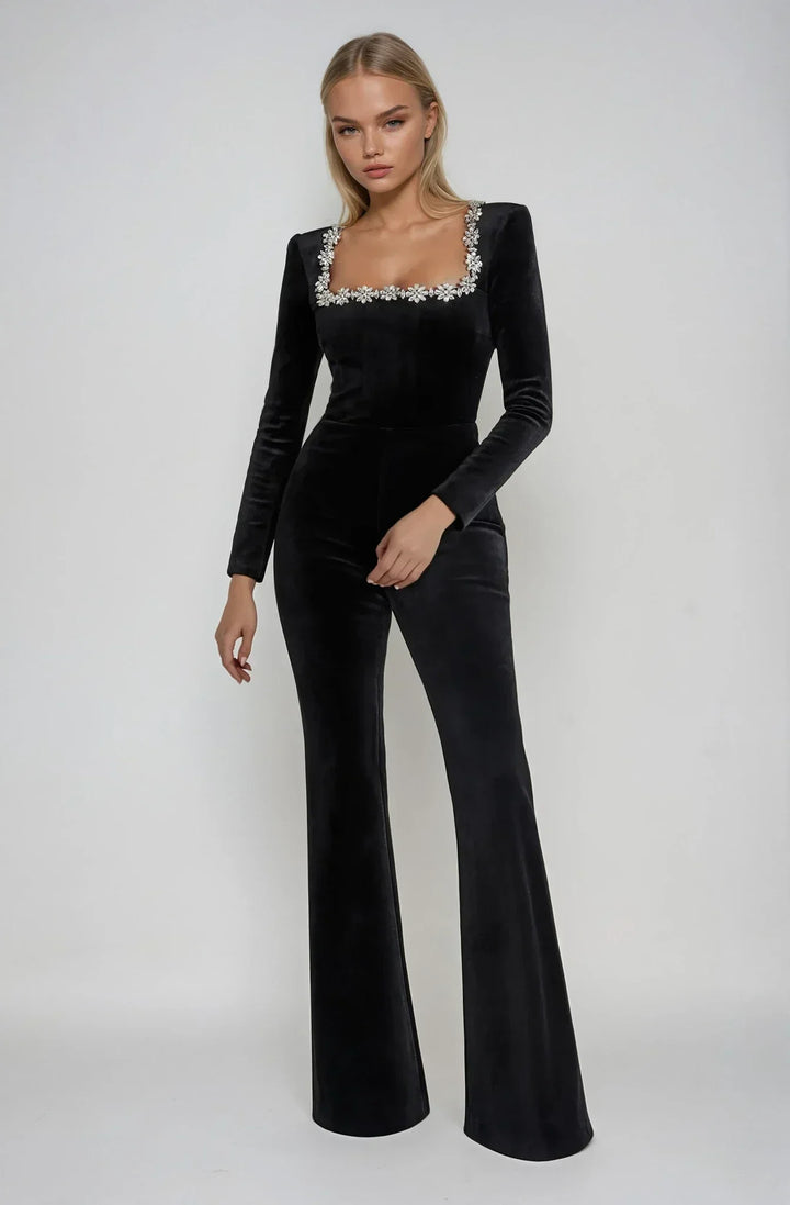 Damen Jumpsuit mit eckigem Ausschnitt Spitzenbesatz und ausgestelltem Bein | Langarm