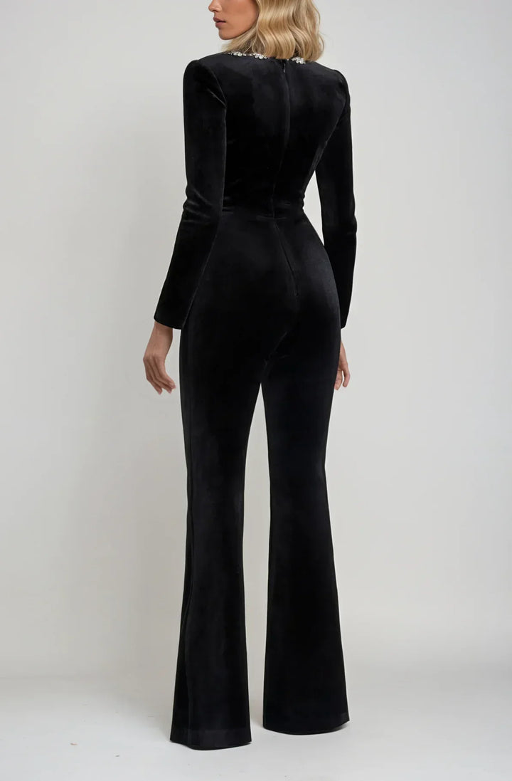 Damen Jumpsuit mit eckigem Ausschnitt Spitzenbesatz und ausgestelltem Bein | Langarm