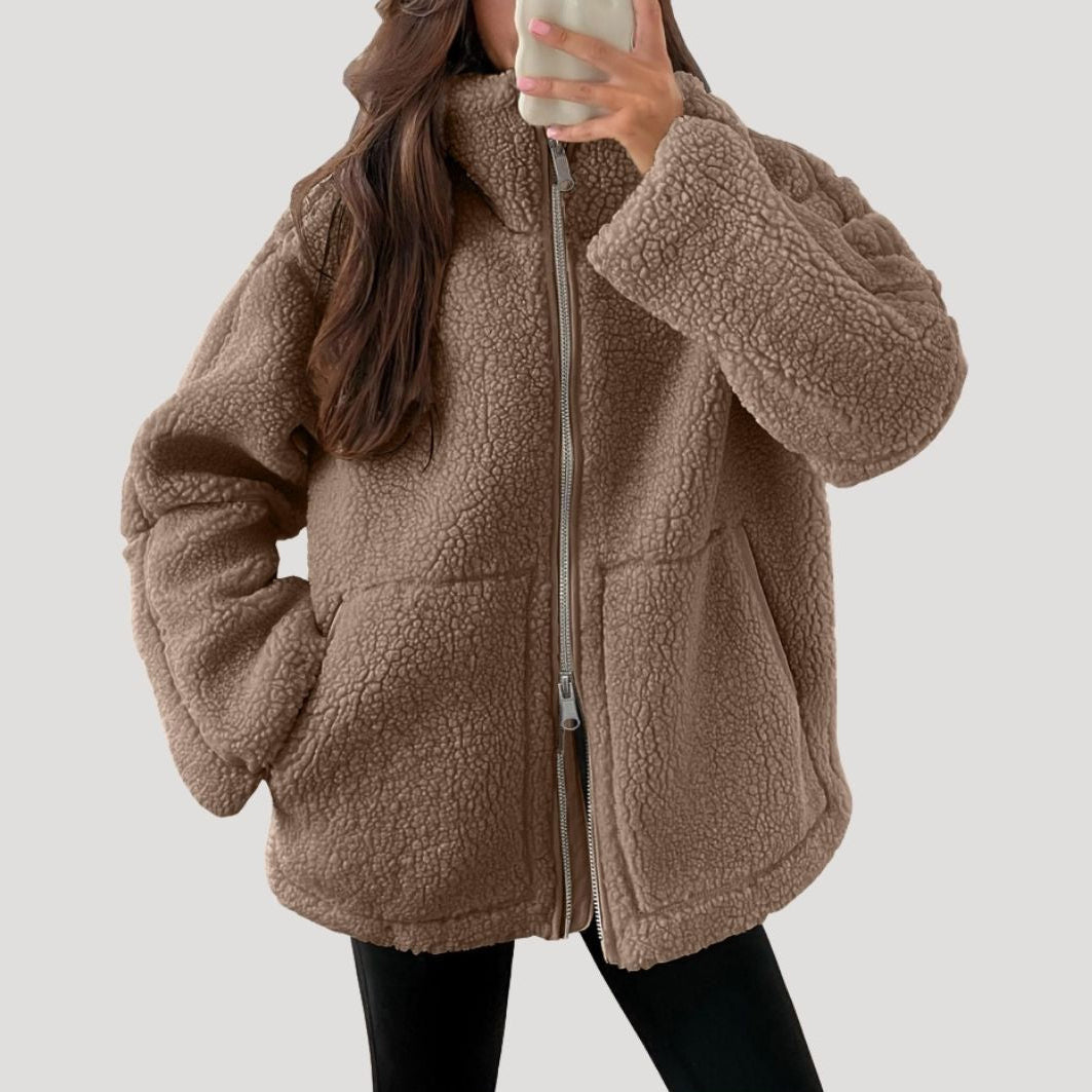 Damen-Fleece-Teddy-Winterjacke mit Reißverschluss, flauschig 0