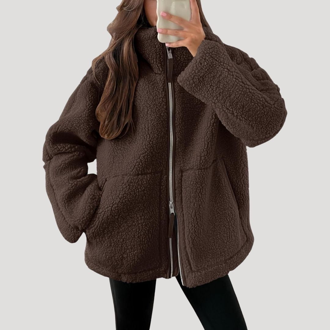 Damen-Fleece-Teddy-Winterjacke mit Reißverschluss, flauschig 3
