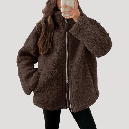Damen-Fleece-Teddy-Winterjacke mit Reißverschluss, flauschig 3