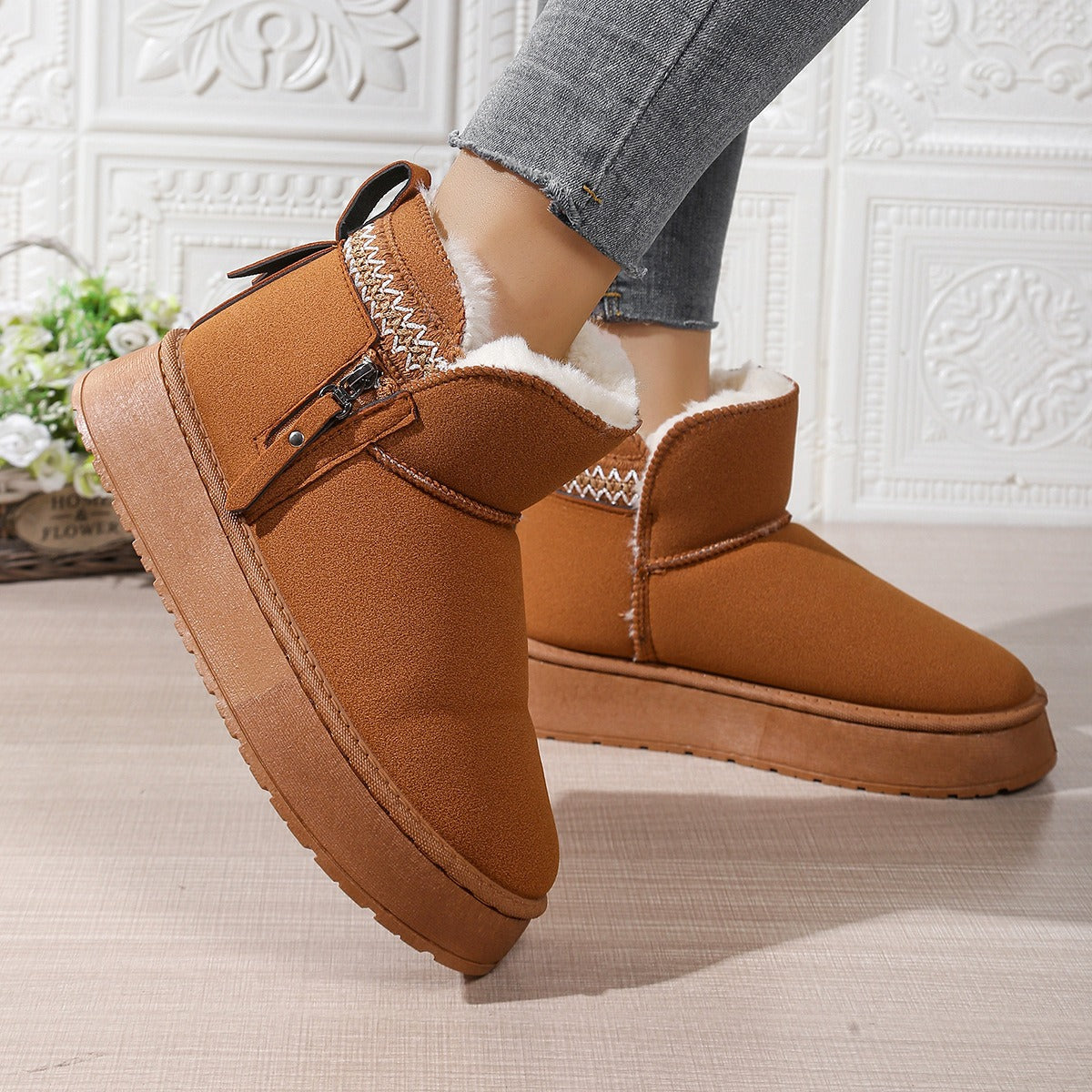 Damen-Schneestiefel - Wasserabweisend - Warmfutter - Dicke Sohle - Reißverschluss - Knöchelhöhe