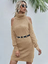 Damen-Strickkleid – Slim Fit – Rollkragen – Ausgeschnittene Schultern – Gürtel in der Taille