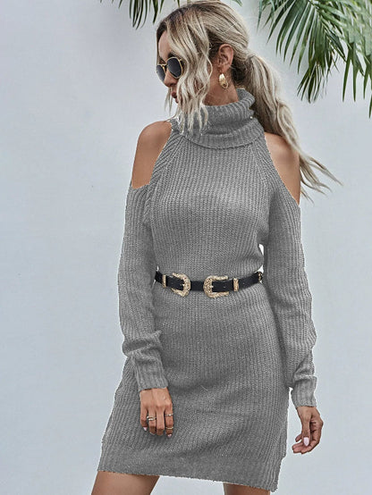 Damen-Strickkleid – Slim Fit – Rollkragen – Ausgeschnittene Schultern – Gürtel in der Taille