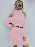 Damen-Strickkleid – Slim Fit – Rollkragen – Ausgeschnittene Schultern – Gürtel in der Taille