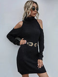 Damen-Strickkleid – Slim Fit – Rollkragen – Ausgeschnittene Schultern – Gürtel in der Taille