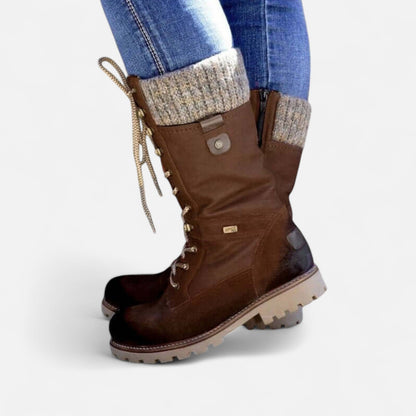 Damen-Winterstiefel mit Schnürung – Warme, gepolsterte Stiefel bis zur Mitte der Wade mit Strickbündchen und strapazierfähiger Sohle 0