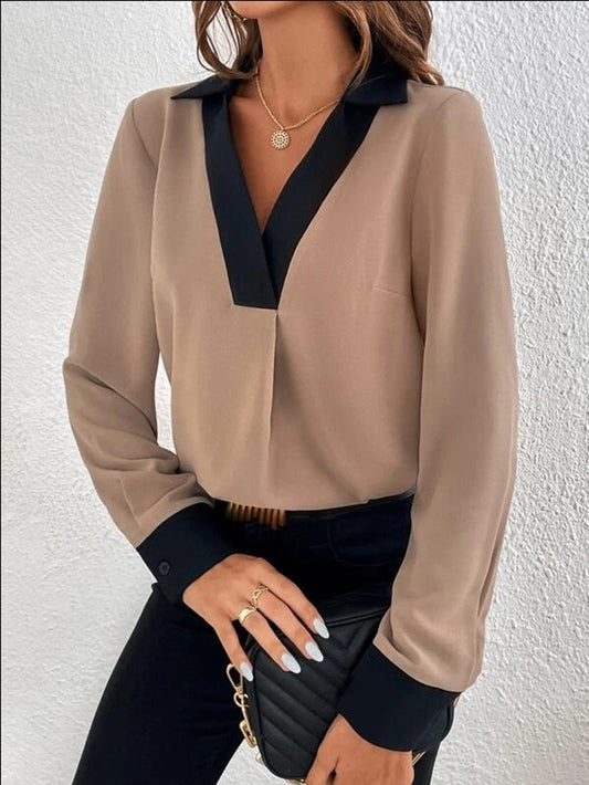 Damen Bluse | Langarm V-Ausschnitt mit Kontrastbesatz | Business & Freizeit
