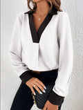 Damen Bluse | Langarm V-Ausschnitt mit Kontrastbesatz | Business & Freizeit
