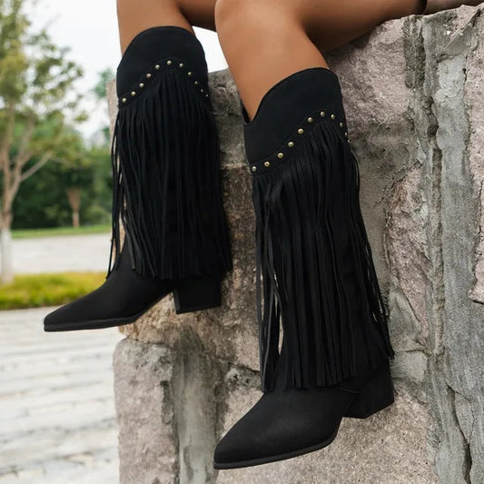 Damen Cowboy Stiefel mit Fransen und Blockabsatz – Mittelkalb Western Stil