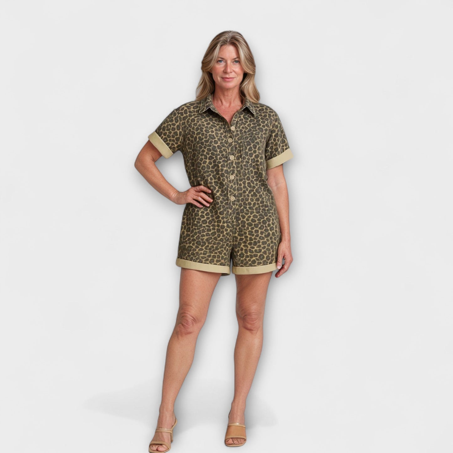 Damen Jumpsuit | Jumpsuits für Damen Sommer mit Leopardenmuster und Hemdlook