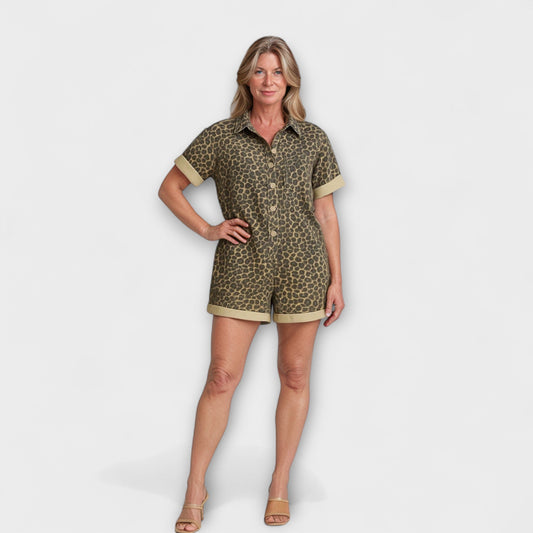 Damen Jumpsuit | Jumpsuits für Damen Sommer mit Leopardenmuster und Hemdlook