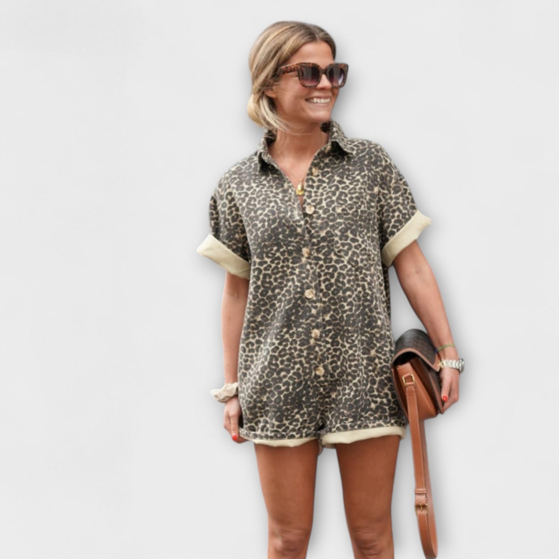 Damen Jumpsuit | Jumpsuits für Damen Sommer mit Leopardenmuster und Hemdlook