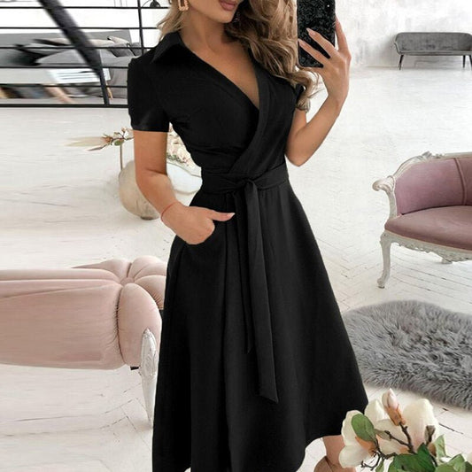 Damen Midi Kleid im Wrap-Design mit Taillengürtel und kurzen Ärmeln – Atmungsaktive Sommerkleider für jeden Anlass