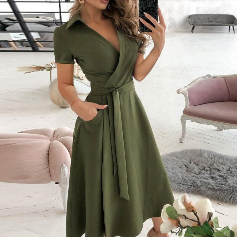 Damen Midi Kleid im Wrap-Design mit Taillengürtel und kurzen Ärmeln – Atmungsaktive Sommerkleider für jeden Anlass