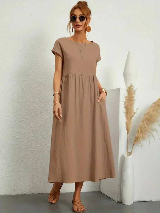 Damen Sommerkleid Maxi mit Relaxed Fit und Plissierter Taille – Kurzarm, Leichtes Material für Elegante Anlässe