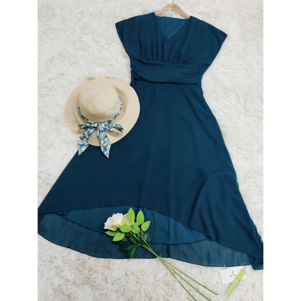 Damen V Ausschnitt Kurze Ärmel Kleid | Midi 1