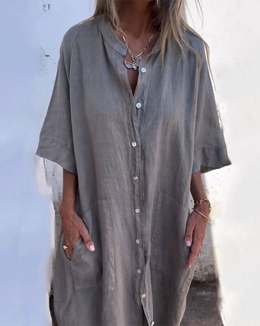 Damenkleid | Boho Shirtkleid für Sommer mit Knopfleiste und Taschen