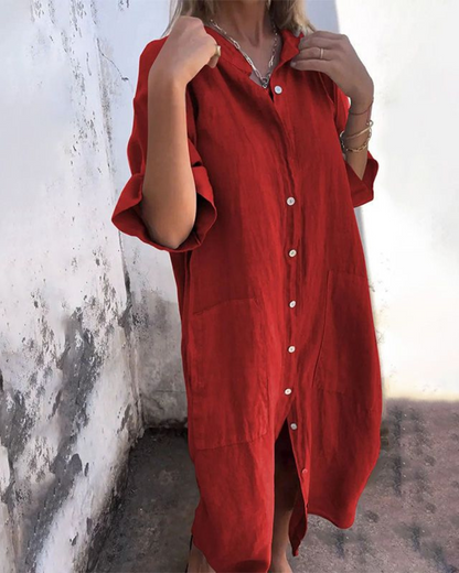 Damenkleid | Boho Shirtkleid für Sommer mit Knopfleiste und Taschen