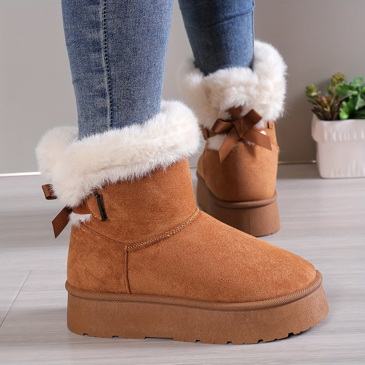 Damenstiefeletten – Kunstfellfutter – Plateausohle – Schleifendetail