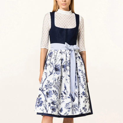 Dirndlkleid mit blauem Blumenmuster – Oktoberfest | Romantische Tracht mit Schürze