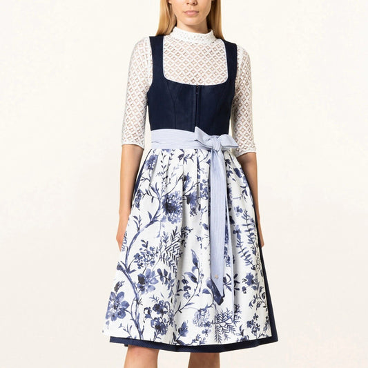 Dirndlkleid mit blauem Blumenmuster – Oktoberfest | Romantische Tracht mit Schürze