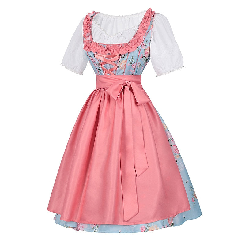 Dirndlkleid mit rosa Blumenmuster – Oktoberfest | Mit Schürze und Bluse für einen romantischen Trachtenlook