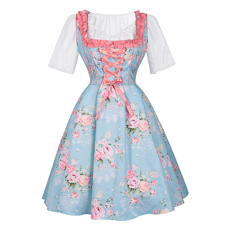 Dirndlkleid mit rosa Blumenmuster – Oktoberfest | Mit Schürze und Bluse für einen romantischen Trachtenlook