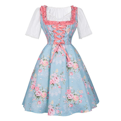 Dirndlkleid mit rosa Blumenmuster – Oktoberfest | Mit Schürze und Bluse für einen romantischen Trachtenlook